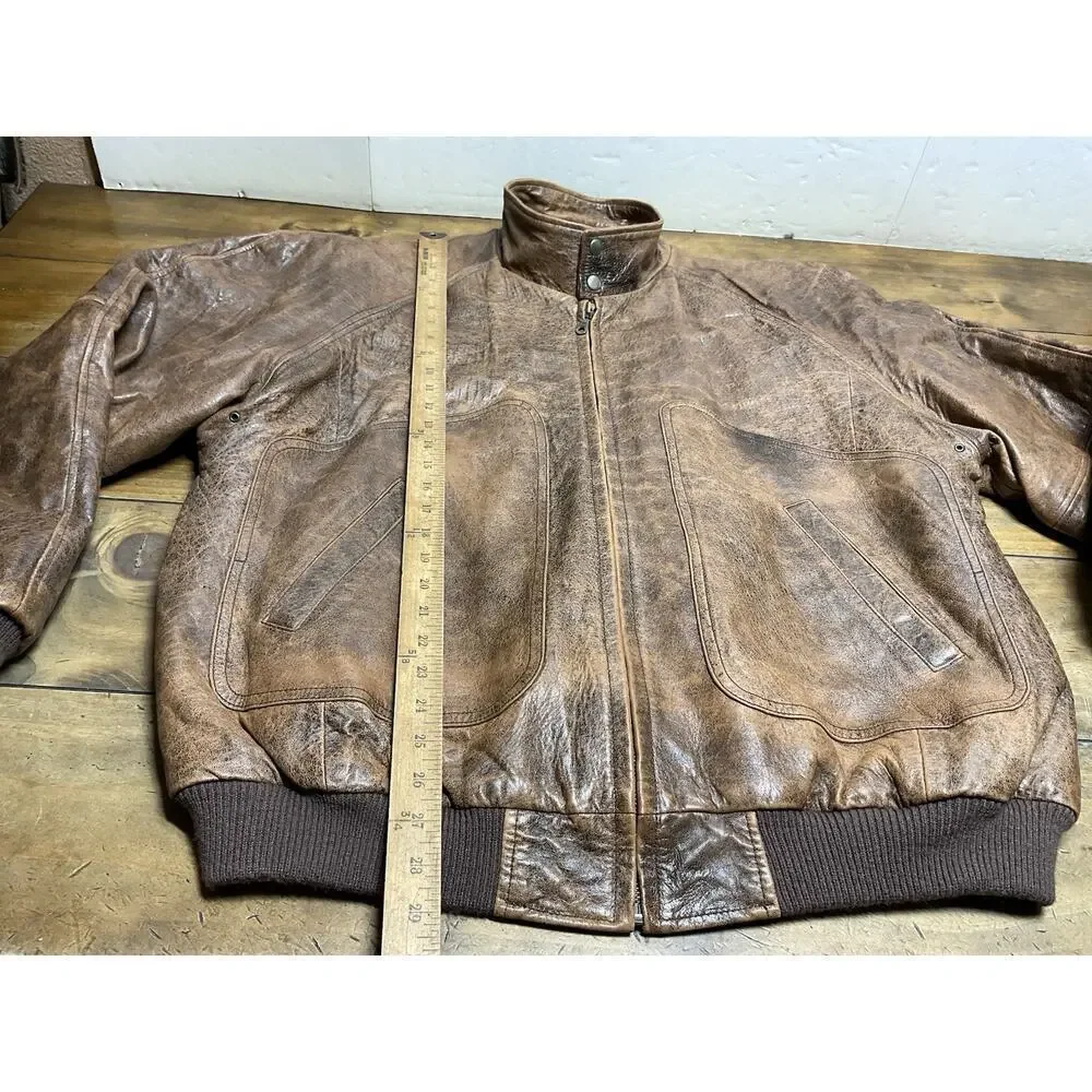 Context Vintage 90s Leather Bomber Jacket Brown Size Aztec Lining Full Zip XLT